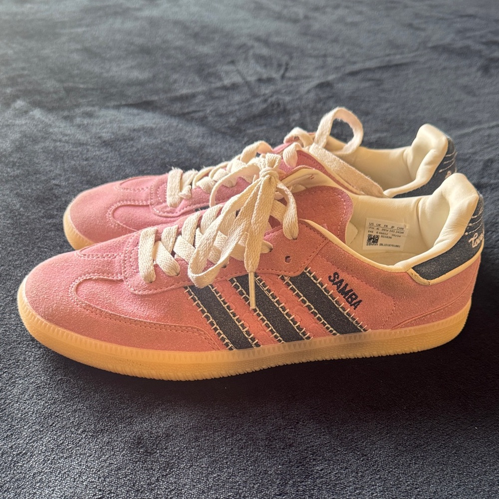 Adidas Samba Suede Sneakers in Pink with Navy Stripes - Picture 2 of 6